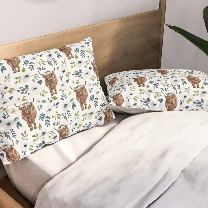 Highland Cow, Highland Cows with Flowers, Flower Crown, Floral Print, Watercolor Pillow Sham Gallery Image 2