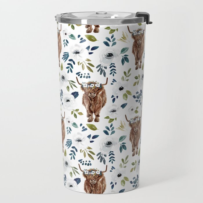 Highland Cow, Highland Cows with Flowers, Flower Crown, Floral Print, Watercolor Travel Mug Gallery Image 2