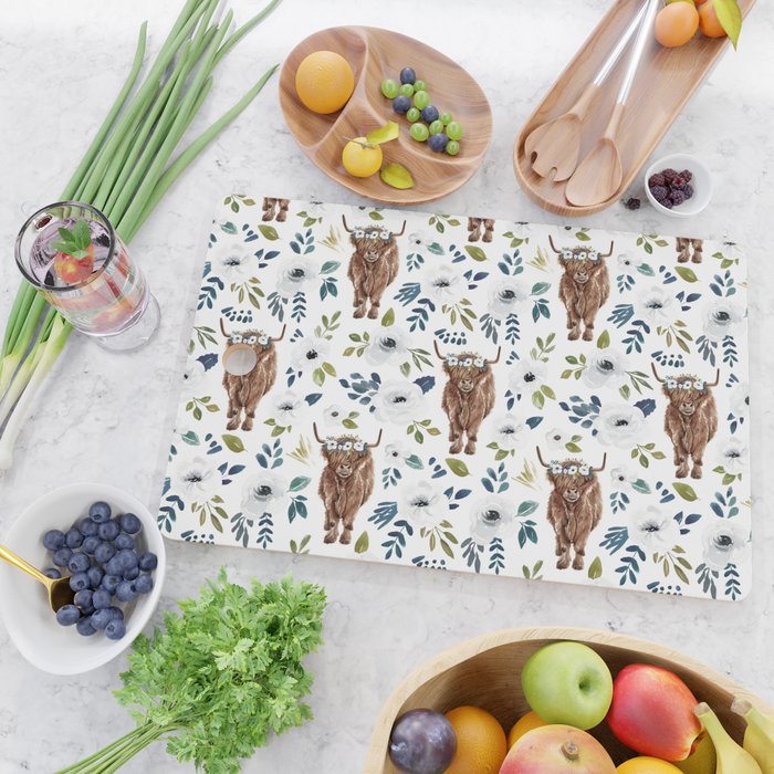 Highland Cow, Highland Cows with Flowers, Flower Crown, Floral Print, Watercolor Cutting Board Gallery Image 2
