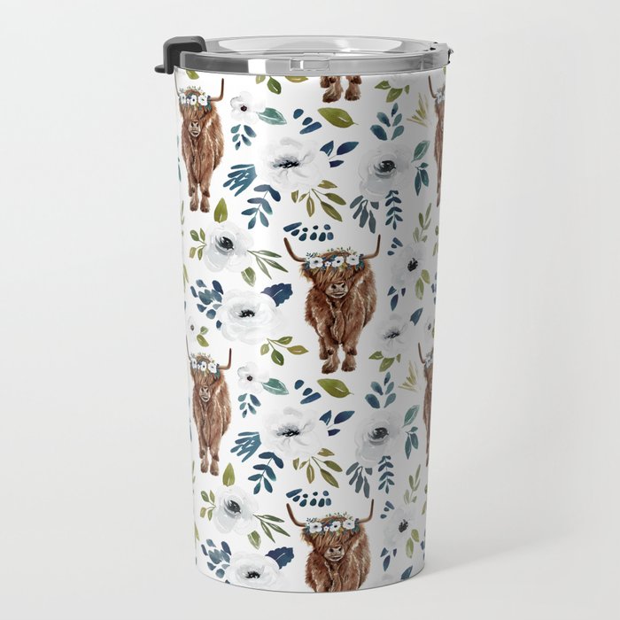 Highland Cow, Highland Cows with Flowers, Flower Crown, Floral Print, Watercolor Travel Mug Gallery Image 3