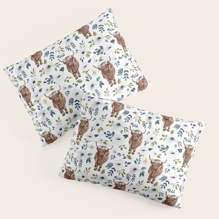 Highland Cow, Highland Cows with Flowers, Flower Crown, Floral Print, Watercolor Pillow Sham Gallery Image 3