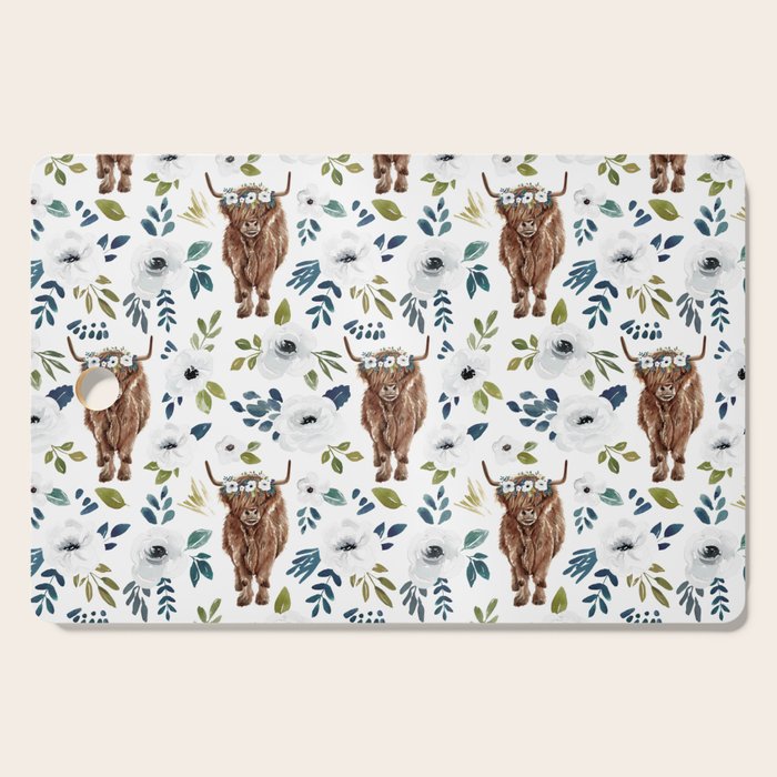 Highland Cow, Highland Cows with Flowers, Flower Crown, Floral Print, Watercolor Cutting Board Gallery Image 1