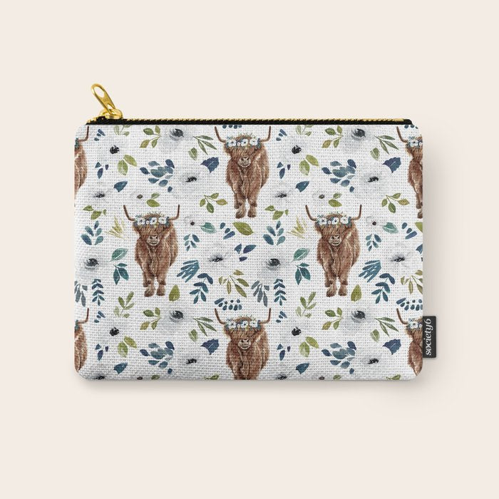 Highland Cow, Highland Cows with Flowers, Flower Crown, Floral Print, Watercolor Carry All Pouch Gallery Image 1