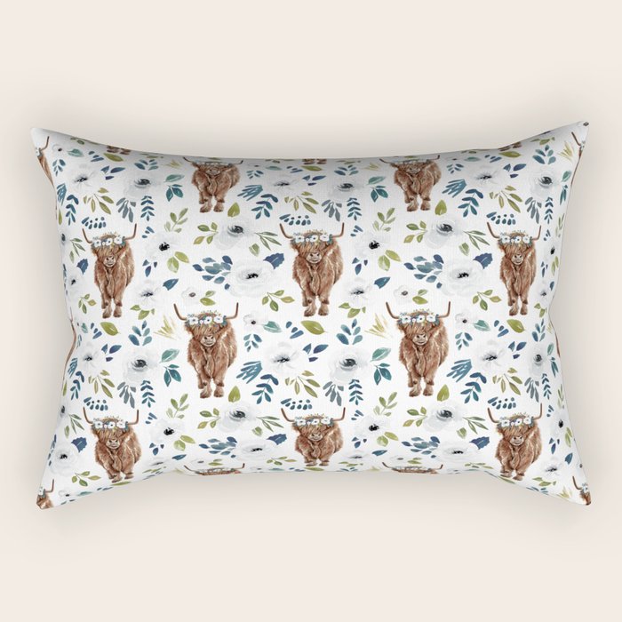 Highland Cow, Highland Cows with Flowers, Flower Crown, Floral Print, Watercolor Rectangular Pillow Gallery Image 2