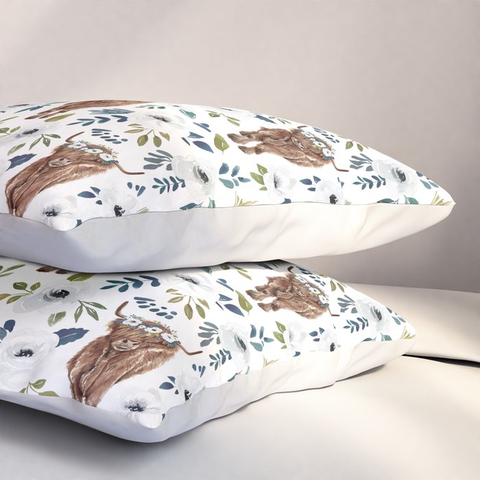 Highland Cow, Highland Cows with Flowers, Flower Crown, Floral Print, Watercolor Pillow Sham Gallery Image 3
