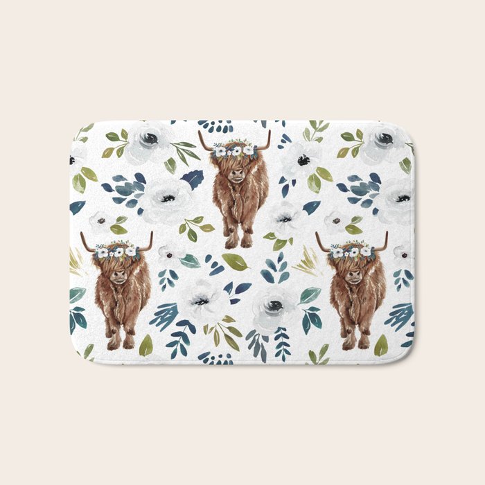 Highland Cow, Highland Cows with Flowers, Flower Crown, Floral Print, Watercolor Bath Mat Gallery Image 1