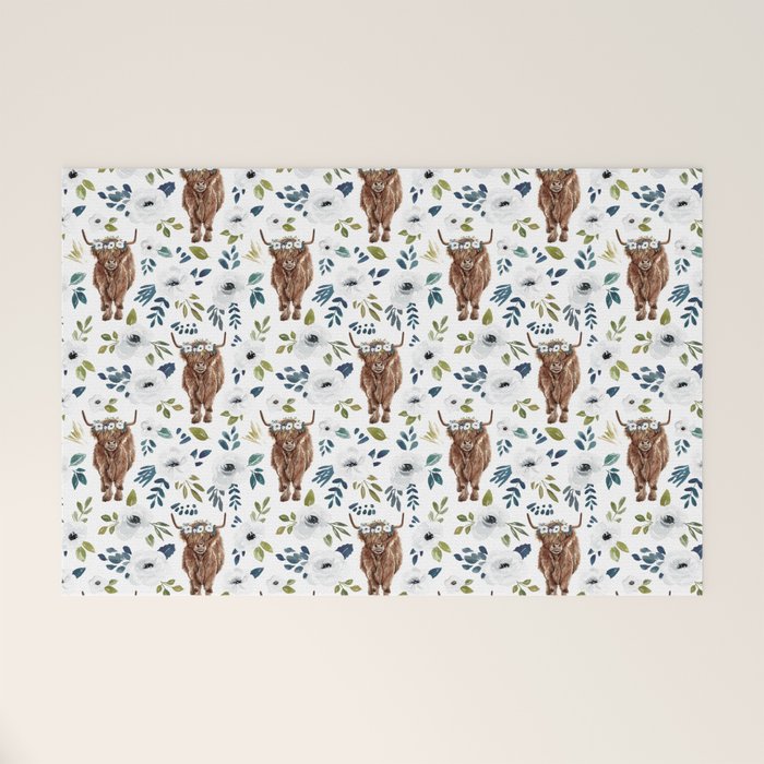Highland Cow, Highland Cows with Flowers, Flower Crown, Floral Print, Watercolor Welcome Mat Gallery Image 1