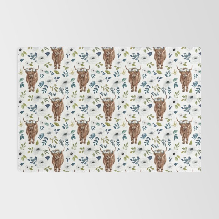 Highland Cow, Highland Cows with Flowers, Flower Crown, Floral Print, Watercolor Rug Gallery Image 2