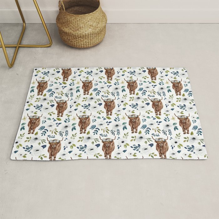 Highland Cow, Highland Cows with Flowers, Flower Crown, Floral Print, Watercolor Rug Gallery Image 1
