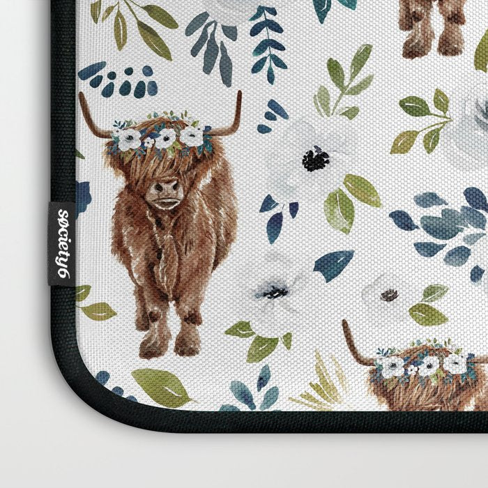 Highland Cow, Highland Cows with Flowers, Flower Crown, Floral Print, Watercolor Laptop Sleeve Gallery Image 3