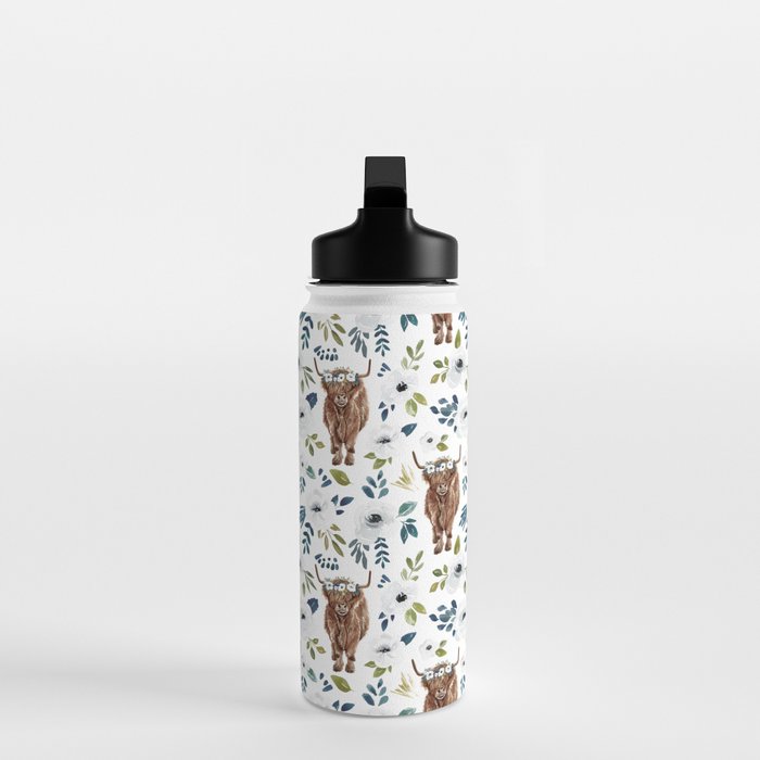 Highland Cow, Highland Cows with Flowers, Flower Crown, Floral Print, Watercolor Water Bottle Gallery Image 3