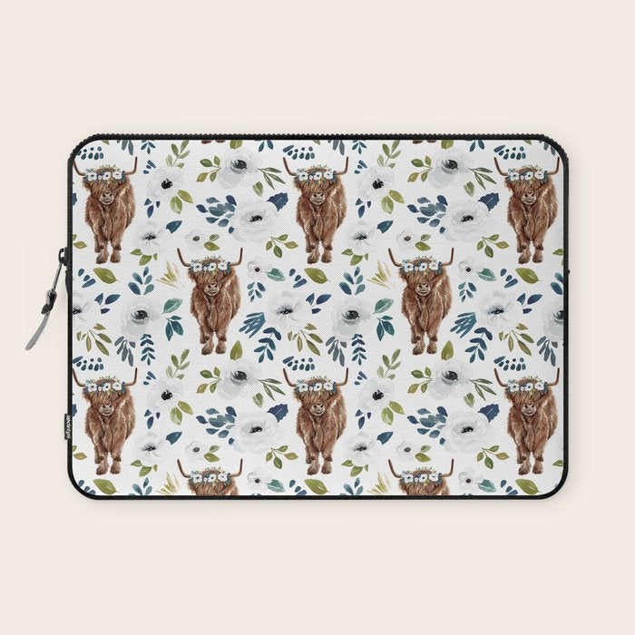 Highland Cow, Highland Cows with Flowers, Flower Crown, Floral Print, Watercolor Laptop Sleeve Gallery Image 1