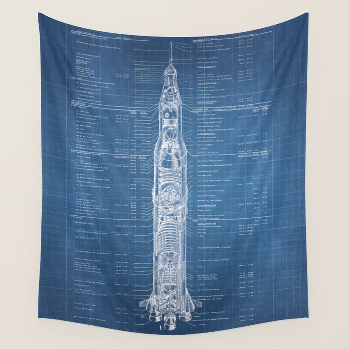 Apollo 11 Saturn V Blueprint in High Resolution (light blue) Wall Tapestry Gallery Image 4