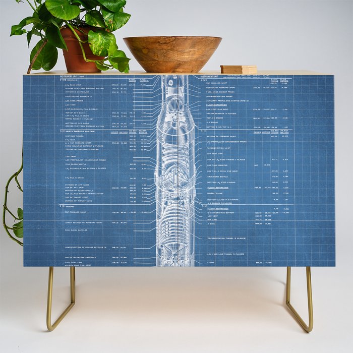 Apollo 11 Saturn V Blueprint in High Resolution (light blue) Credenza Gallery Image 1