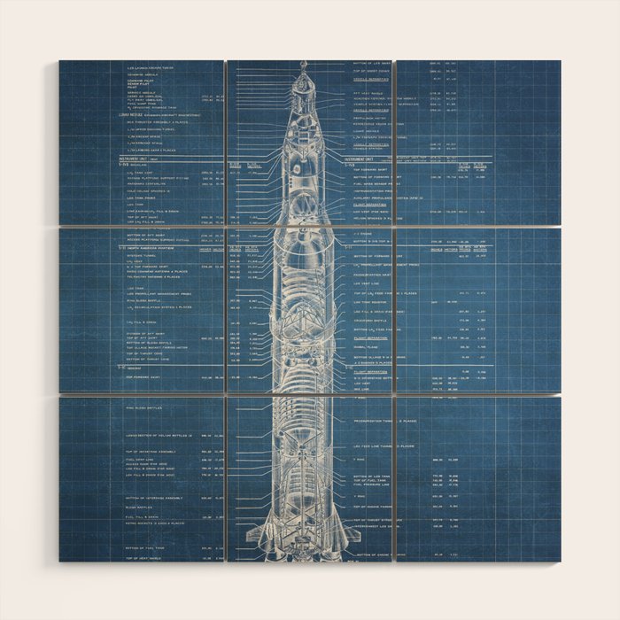 Apollo 11 Saturn V Blueprint in High Resolution (light blue) Wood Wall Art Gallery Image 1