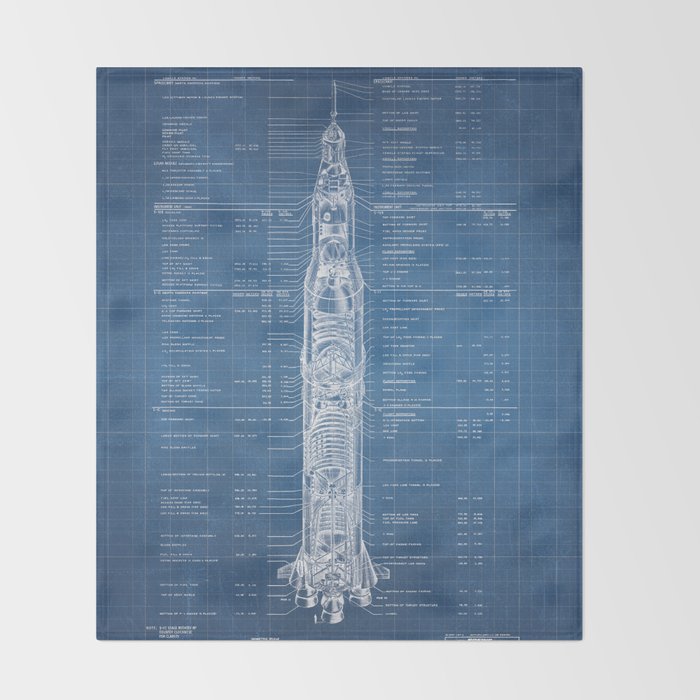 Apollo 11 Saturn V Blueprint in High Resolution (light blue) Throw Blanket Gallery Image 2