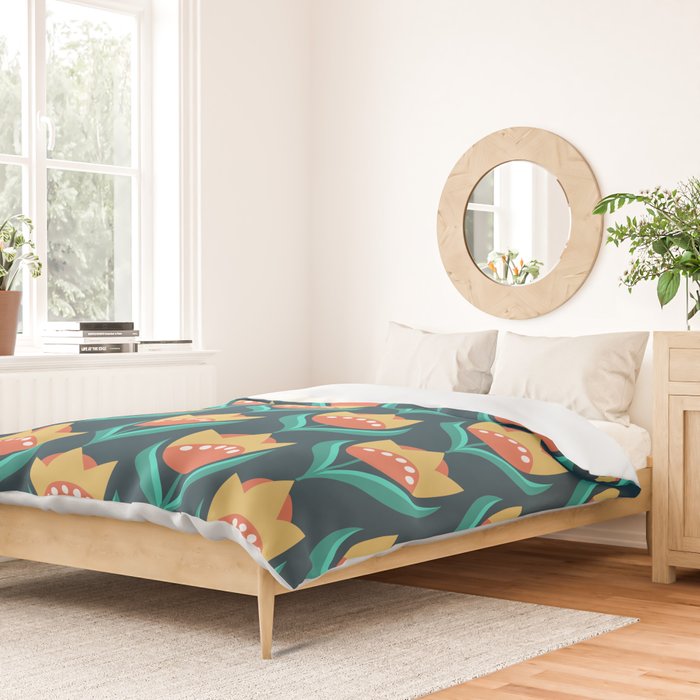 Scandinavian Floral Pattern, Teal, Orange and Mustard Yellow Retro Flowers 3 Duvet Cover Gallery Image 2