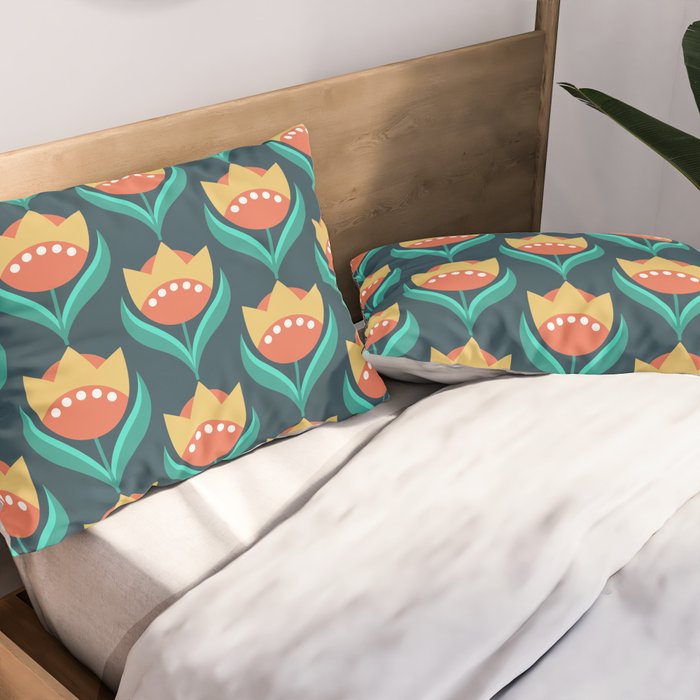 Scandinavian Floral Pattern, Teal, Orange and Mustard Yellow Retro Flowers 3 Pillow Sham Gallery Image 2