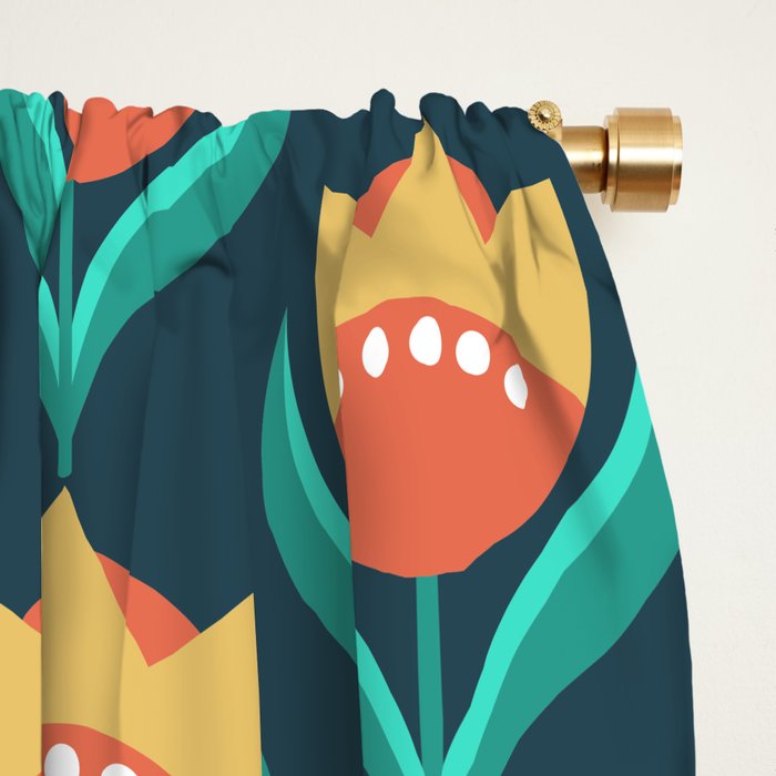 Scandinavian Floral Pattern, Teal, Orange and Mustard Yellow Retro Flowers 3 Window Curtain Gallery Image 2