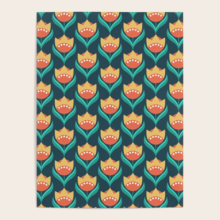 Scandinavian Floral Pattern, Teal, Orange and Mustard Yellow Retro Flowers 3 Poster Gallery Image 1