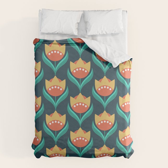 Scandinavian Floral Pattern, Teal, Orange and Mustard Yellow Retro Flowers 3 Duvet Cover Gallery Image 1