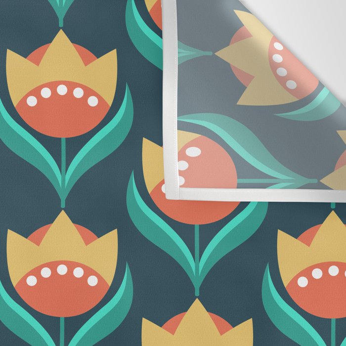 Scandinavian Floral Pattern, Teal, Orange and Mustard Yellow Retro Flowers 3 Wall Tapestry Gallery Image 3