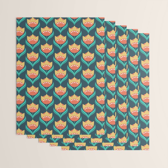 Scandinavian Floral Pattern, Teal, Orange and Mustard Yellow Retro Flowers 3 Wrapping Paper Gallery Image 3