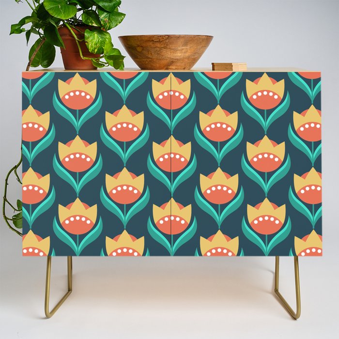 Scandinavian Floral Pattern, Teal, Orange and Mustard Yellow Retro Flowers 3 Credenza Gallery Image 1