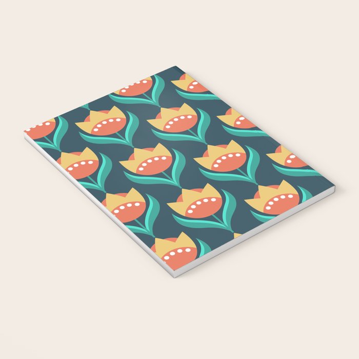 Scandinavian Floral Pattern, Teal, Orange and Mustard Yellow Retro Flowers 3 Notebook Gallery Image 3