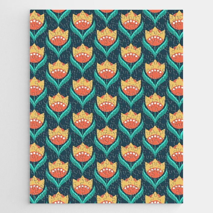 Scandinavian Floral Pattern, Teal, Orange and Mustard Yellow Retro Flowers 3 Jigsaw Puzzle Gallery Image 1