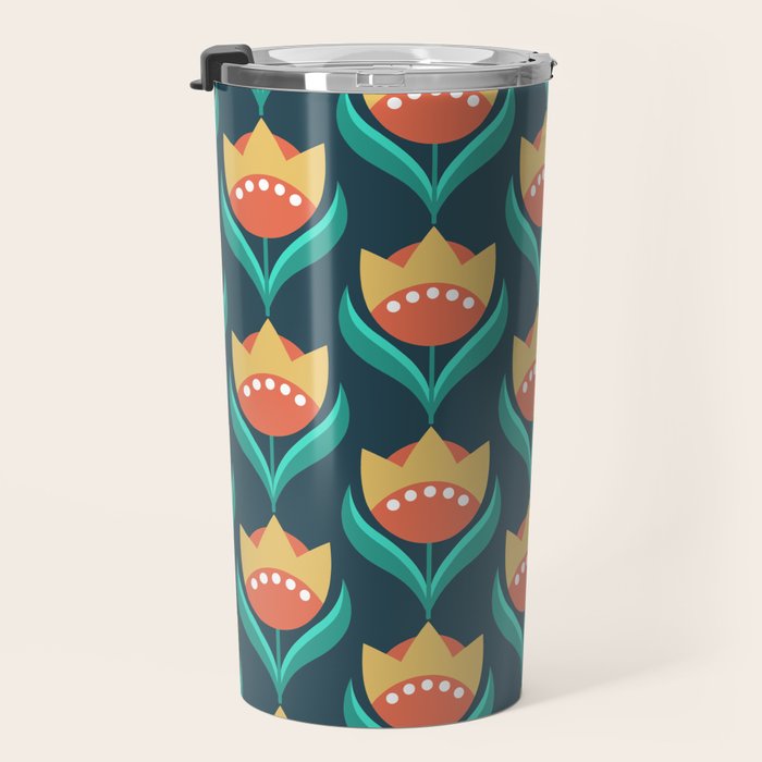 Scandinavian Floral Pattern, Teal, Orange and Mustard Yellow Retro Flowers 3 Travel Mug Gallery Image 3