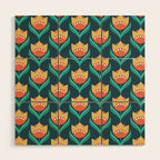 Scandinavian Floral Pattern, Teal, Orange and Mustard Yellow Retro Flowers 3 Wood Wall Art Gallery Image 1