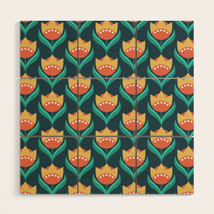 Scandinavian Floral Pattern, Teal, Orange and Mustard Yellow Retro Flowers 3 Wood Wall Art Gallery Image 1