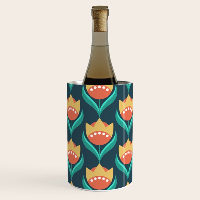 Scandinavian Floral Pattern, Teal, Orange and Mustard Yellow Retro Flowers 3 Wine Chiller Gallery Image 1