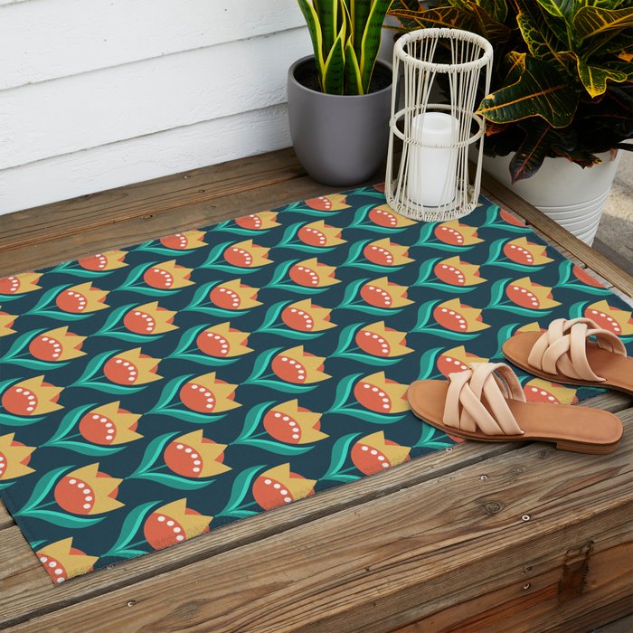 Scandinavian Floral Pattern, Teal, Orange and Mustard Yellow Retro Flowers 3 Outdoor Rug Gallery Image 2