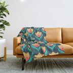 Scandinavian Floral Pattern, Teal, Orange and Mustard Yellow Retro Flowers 3 Throw Blanket Gallery Image 1