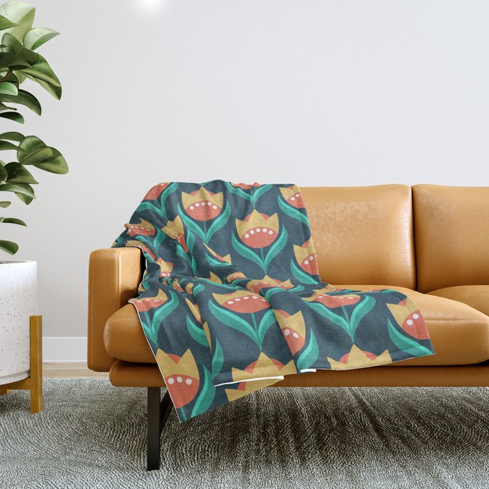 Scandinavian Floral Pattern, Teal, Orange and Mustard Yellow Retro Flowers 3 Throw Blanket Gallery Image 1