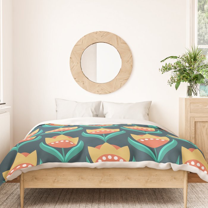 Scandinavian Floral Pattern, Teal, Orange and Mustard Yellow Retro Flowers 3 Duvet Cover Gallery Image 3
