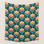 Scandinavian Floral Pattern, Teal, Orange and Mustard Yellow Retro Flowers 3 Wall Tapestry Gallery Image 4