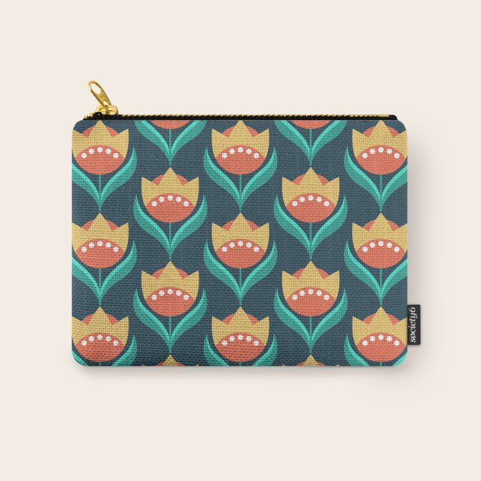 Scandinavian Floral Pattern, Teal, Orange and Mustard Yellow Retro Flowers 3 Carry All Pouch Gallery Image 1