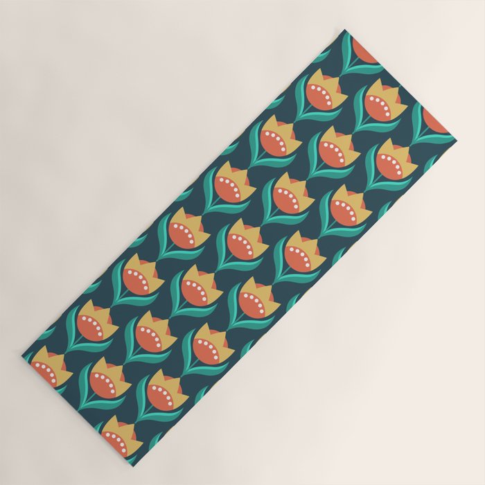 Scandinavian Floral Pattern, Teal, Orange and Mustard Yellow Retro Flowers 3 Yoga Mat