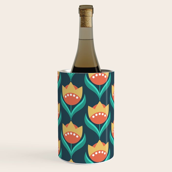 Scandinavian Floral Pattern, Teal, Orange and Mustard Yellow Retro Flowers 3 Wine Chiller Gallery Image 3