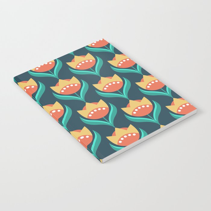Scandinavian Floral Pattern, Teal, Orange and Mustard Yellow Retro Flowers 3 Notebook Gallery Image 2
