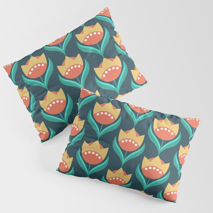 Scandinavian Floral Pattern, Teal, Orange and Mustard Yellow Retro Flowers 3 Pillow Sham Gallery Image 3