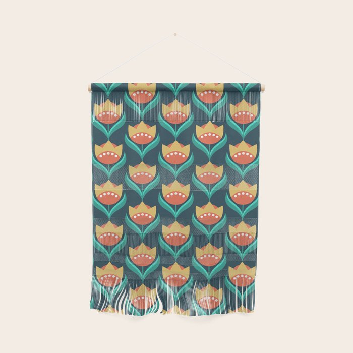Scandinavian Floral Pattern, Teal, Orange and Mustard Yellow Retro Flowers 3 Wall Hanging Gallery Image 1