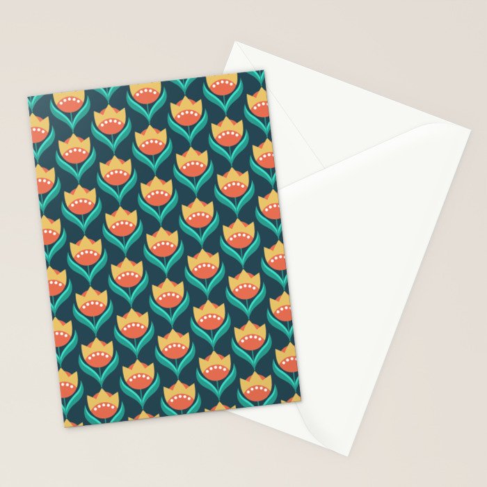 Scandinavian Floral Pattern, Teal, Orange and Mustard Yellow Retro Flowers 3 Stationery Card Gallery Image 2