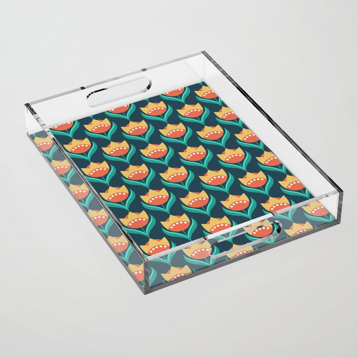 Scandinavian Floral Pattern, Teal, Orange and Mustard Yellow Retro Flowers 3 Acrylic Tray Gallery Image 1