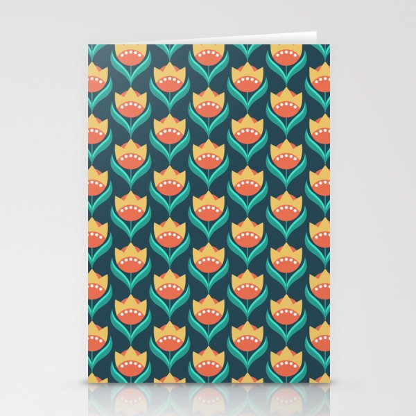 Scandinavian Floral Pattern, Teal, Orange and Mustard Yellow Retro Flowers 3 Stationery Card Gallery Image 1