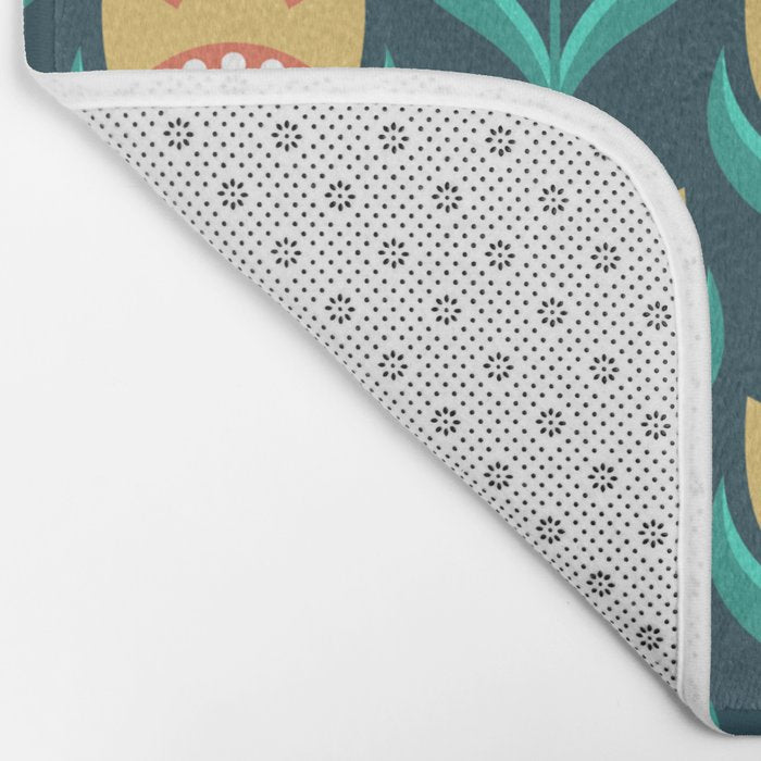 Scandinavian Floral Pattern, Teal, Orange and Mustard Yellow Retro Flowers 3 Bath Mat Gallery Image 2