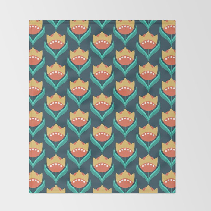 Scandinavian Floral Pattern, Teal, Orange and Mustard Yellow Retro Flowers 3 Throw Blanket Gallery Image 2